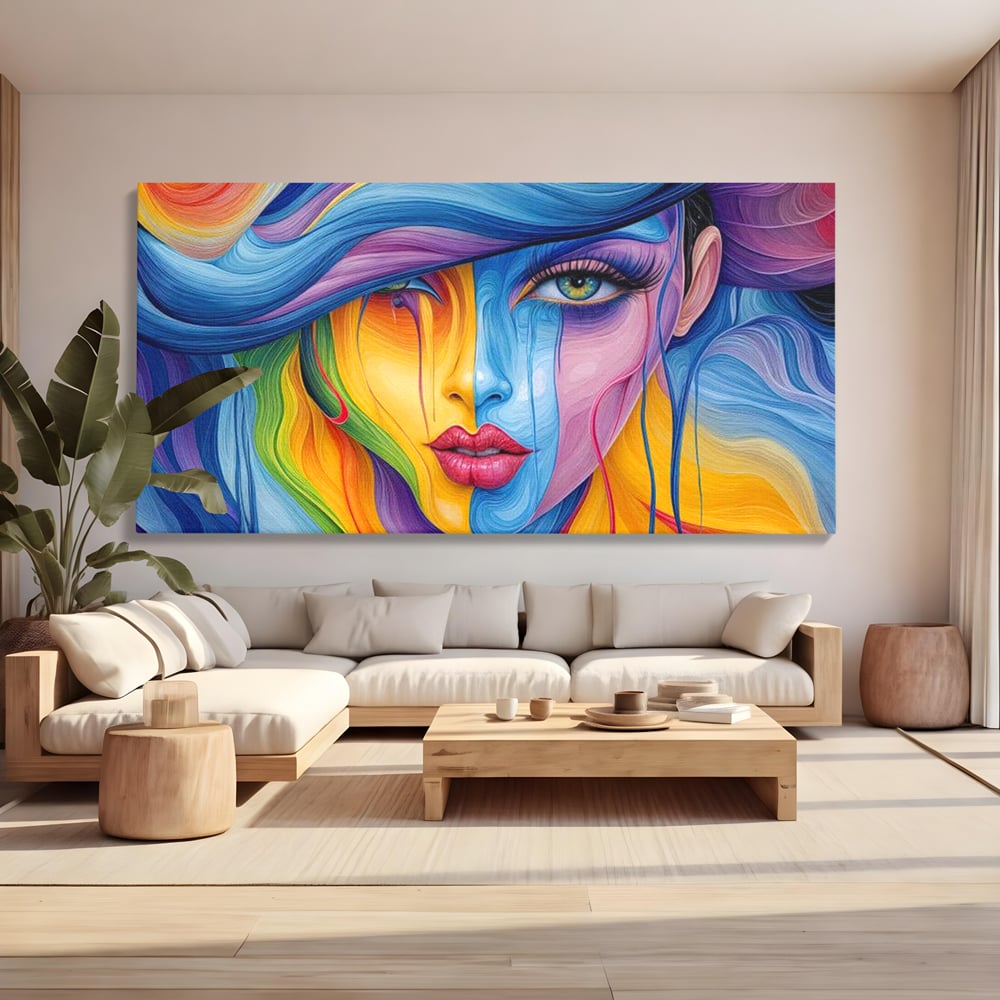 Tablou canvas cu tablou canvas cu portret de femeie in culori curcubeu, fara rama, pe sasiu de lemn, pe perete intr-un living